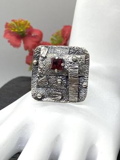 Artisan Art Deco style gemstone ring - FINAL SALE Hand-made Sterling Silver 925 size 9-9 1/2 Stones used: Garnet Face of the ring: Height - 27mm, Width-28mm Band height - 5mm Unique Handcrafted One-of a-kind Design Ring Each Piece of Jewelry in my Collection is Absolutely One of a Kind! When you start wearing a piece of my jewelry you will fall in love with it more and more each day and feel that good Energy and Love that I pass into it while creating this piece of Art. A piece of Art created fo Unique Ruby Ring With Stone Setting As Gift, Unique Gift Ruby Ring With Stone Setting, Unique Ruby Ring For Anniversary, Modernist Ring Jewelry As Gift, Sterling Silver Modernist Rings For Gifts, Artisan Sterling Silver Ring With Unique Design, Brutalist Sterling Silver Ring For Anniversary, Unique Silver Ruby Ring Gift, Unique Silver Ruby Ring As Gift