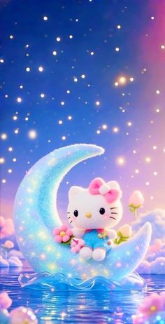 hello kitty sitting on the moon in the sky