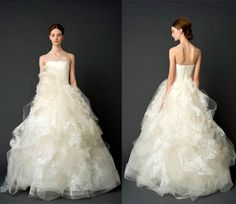 two pictures of the same wedding dress, one in white and one in light beige