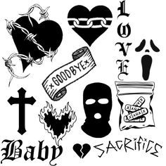 various tattoos and symbols are shown in black and white, with the word love written on them