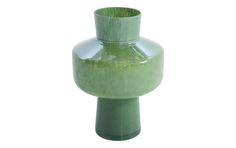 a green vase sitting on top of a table