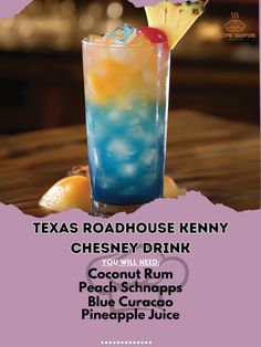 an advertisement for a drink called texas roadhouse jenny chesney drink you will try peach schnapps pineapple pineapple juice