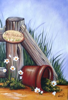 an oil painting of a wooden post and flowers