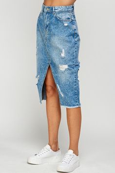 Trendy Medium Wash Skirt With Frayed Hem, Ripped High Waist Denim Skirt, High Waist Ripped Denim Skirt, Ripped Medium Wash Denim Skirt, Ripped Denim Skirt In Medium Wash, Chic Distressed Cutoff Denim Skirt, Mid-rise Ripped Denim Skirt, Ripped Medium Wash Cotton Denim Skirt, Distressed Denim Skirt In Medium Wash