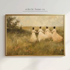 three women in white dresses walking through a field