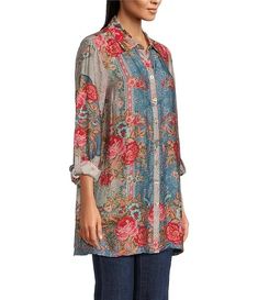 John Mark Floral Printed Collared Long Sleeve Button Down Top | Dillard's Relaxed Fit Floral Print Button-up Blouse, Viscose Tops With Button Cuffs For Spring, Casual Blouse With Floral Print And Spread Collar, Spring Viscose Blouse With Buttons, Relaxed Fit Rayon Blouse With Buttons, Fall Bohemian Collared Blouse, Bohemian Collared Floral Print Tops, Fall Printed Rayon Blouse, Bohemian Patterned Button-up Blouse