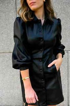 Women's Black Leather Shirt Dress Puffer Sleeves 100% Genuine Lambskin Dress New  | eBay Elegant Fitted Shirt Dress With Pockets, Formal Collared Mini Dress For Fall, Formal Mini Length Shirt Dress For Fall, Collared Business Dresses For Fall, Casual Business Dresses For Fall, Elegant Fall Shirt Dress With Pockets, Fitted Fall Shirt Dress For Business, Fitted Shirt Dress With Pockets For Formal Occasions, Sleek Semi-formal Dress For Fall