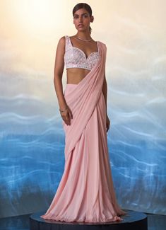 Dusty Peach Sequined Georgette Predraped Saree Angad Singh - Fabilicious Fashion Maharaja Ranjit Singh, Dusty Peach, Peach Saree, Saree And Blouse, Vacuum Storage, Parsons School Of Design, Indian Wedding Wear, Center Of Attention, Bugle Beads