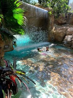 two people swimming in a pool next to a waterfall and palm tree with water cascading over it