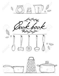 hand drawn cooking utensils and cookbook with the word cook on it stock photo