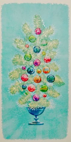 a painting of a christmas tree with ornaments on it