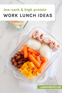 a plastic container filled with different types of food next to a bowl of nuts and carrots