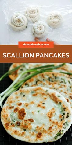 scallion pancakes on a cooling rack with green onions in the background and text overlay that says scallion pancakes