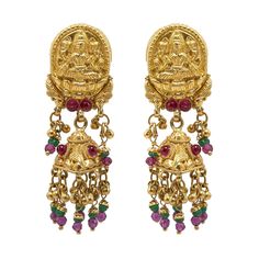 22K Yellow Gold JhumkiDrop Earrings W/ Rubies, Emeralds, Laxmi Pendant & Beaded tassels - Virani Jewelers Luxury Ruby Latkans Earrings, Festival Earrings, Hanging Beads, Jhumki Earrings, Beaded Tassels, Online Earrings, 22k Gold, Tassels, Ruby