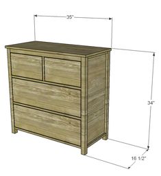 a wooden dresser with measurements for the drawers