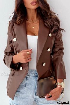 Olivia Mark - Premium Cardigan Featuring Elegant Turn-back Collar and Sophisticated Coffee-toned Casual Outerwear Cardigan Casual, Pu Leather Jacket, Leather Jacket Style, Collar Cardigan, Casual Cardigans, Style Upgrade, Hipster Fashion, Leather Blazer, Cardigan Jacket