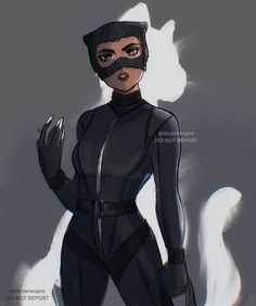 a drawing of a woman wearing a black cat suit and holding her hands out to the side