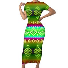 Powwow StoreGBNAT0068005  Tribes Pattern Native American ShortSleeved Body Dress