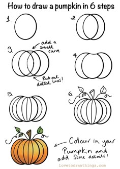 how to draw pumpkins in 6 steps with pictures and instructions for each step, including the