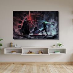 two star wars characters in action on a wall above a book shelf with books and plants