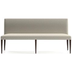 an upholstered bench with wooden legs and a light colored fabric backrest, viewed from the front