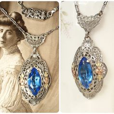 Offering a stunning 1930s era Art Deco/Edwardian sapphire blue glass cut glass crystal rhinestone silver rhodium plated filigree with 10K gold accented pendant necklace.  The perfect "Something Old" and "Something Blue" for the Bride!  Photos don't begin to do this one justice.  I really love the elegant design of this one! The stunning necklace features a claw set deep sapphire blue sparkly marquise cut glass crystal in a very ornate pierced silver rhodium plated setting which is domed up a bit Vintage Sapphire Jewelry For Formal Occasions, Art Deco Jeweled Jewelry Gift, Art Deco Jewelry For Gifts, Sapphire Filigree Jewelry For Wedding, Heirloom Blue Necklaces For Weddings, Victorian Jeweled Jewelry From Vintage Collection, Art Deco Crystal Jewelry For Anniversary, Antique Jeweled Jewelry For Vintage Events, Blue Antique Jewelry For Anniversary