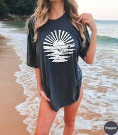 Retro Sunshine Shirt,summer Time Shirt,ocean Inspired Style for Women,beachy Shirts,summer Beach Tshirt for Her,sunset Tshirt,sun Rays Tee - Etsy Relaxed Short Sleeve T-shirt For Vacation, Black Beach Top For Beach Season, Black Beachy Tops For The Beach, Casual Beach T-shirt For Warm Weather, Summer Surfing Vsco T-shirt, Black Tops For Beach Party In Beach Season, Relaxed Fit Summer T-shirt For Beach Party, Black Tops For Beach Party, Black Summer Top For Beach Season