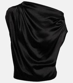 Draped one-shoulder silk top in black - The Sei | Mytheresa Silk Off-shoulder Top For Formal Occasions, One-shoulder Silk Top For Formal Occasions, One Shoulder Silk Top For Formal Occasions, Silk Top With Asymmetrical Neckline For Formal Occasions, Silk Top With Asymmetrical Neckline For Party, Formal Silk Top With Asymmetrical Neckline, Elegant Silk Off-shoulder Blouse, Formal Silk One-shoulder Top, Chic Silk One-shoulder Top For Party