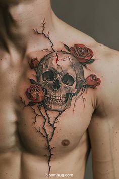 24+ Skull and Roses Tattoo For Men Ideas Roses Tattoo For Men, Rose Thorns Tattoo, Roses Chest Tattoo, Rose Thorn Tattoo, Skull And Roses Tattoo, Tattoo For Men Ideas, Thorns Tattoo, Roses Tattoos, Thorn Tattoo