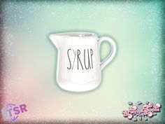 a white pitcher with the word syrup written on it's side in black ink