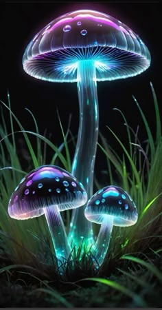 two glowing mushrooms sitting in the grass