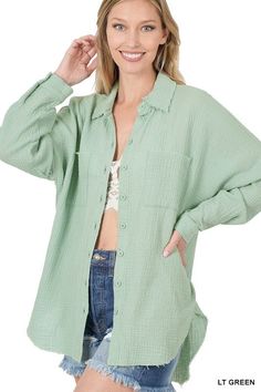 OVERSIZED RAW EDGE SHIRT HI LOW HEM FRONT BUTTON CLOSURE TOTAL BODY LENGTH: 28"(FRONT), BUST: 48.5" approx. MEASURED FROM SMALL * COLOR MAY VARY SLIGHTLY DUE TO MONITOR RESOLUTION