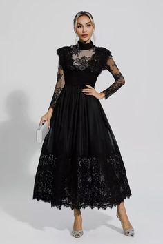 Jamie Black Floral Lace Stitching Long Sleeve Dress Element Dress, Silver Sequin Top, Stitching Dresses, Floral Dress Formal, Crop Top Sweater, Hot Dress, Bandage Dress, Plus Size Dress, Floral Embroidery