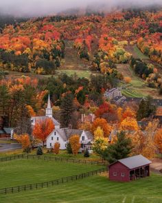 a small town surrounded by trees in the fall