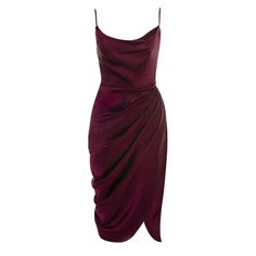 This elegant Draped Collar Wrap Ruched Satin Cami Midi Dress is made of premium satin for a luxurious feel. The draped collar wrap and ruched detailing bring a sense of refinement to every look. Perfect for any special occasion. Fit Type: Slim Fit Fabric: High Stretch Material: Polyester, Elastane Draped Midi Dress With Ruched Sides For Party, Silk Midi Dress With Folds For Cocktail, Silk Midi Dress With Folds For Evening, Ruched Satin Midi Dress For Evening, Pre-draped Ruched Dresses For Date Night, Party Midi Dress With Draped Ruched Sides, Pre-draped Party Dress With Ruched Sides, Party Midi Dress With Ruched Sides And Draped Shape, Fitted Silk Midi Dress With Folds