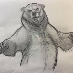 a drawing of a bear with its mouth open and his hands in the air,