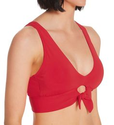 Solid swim top blends cute styling with sophistication and great coverage at cups and sides. Wireless, seamless cup is lined with a pocket for removable padding, included. V-neckline offers full coverage and has covered elastic along edge for fit. Keyhole at bottom of center has ties at base. Wide, two-ply stretch fabric band along bottom front, sides and back with covered elastic at top. Sides and back are self-lined with covered elastic at top and bottom, with wide band below that. Front strap Fiery Red, Wide Bands, Swim Top, Pullover Styling, Stretch Fabric, Swimming, Spandex, Elastic, Band