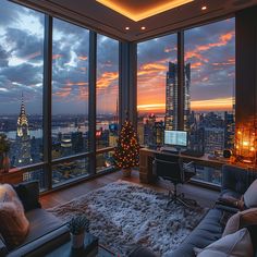 a living room filled with furniture and a large window overlooking the city at night time