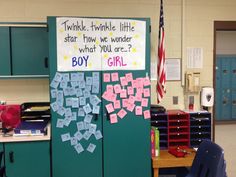 a bulletin board with post it notes attached to it in a school classroom setting,