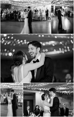 a bride and groom share their first dance at their wedding reception in black and white