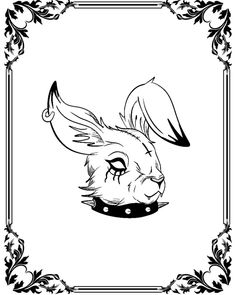 a black and white drawing of a rabbit's head with an ornate frame around it