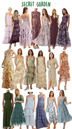 many dresses are shown in different colors and sizes, including one with flowers on it