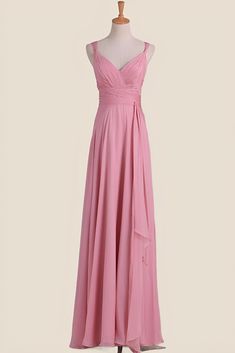 This dress features a soft Chiffon material in a beautiful Blush Pink color. With a classic Pleated v neck and flattering Empire waistline, it also includes straps that start from the v neck and can be tied at the waist. Keep comfortable all day with its full length and built-in bra. V-neck Bridesmaid Dress With Ruched Bodice For Prom, Solid V-neck Dress With Ruched Bodice, Elegant Pink Bridesmaid Dress With Ruched Bodice, V-neck Ruched Bodice Evening Dress For Bridesmaid, Summer V-neck Bridesmaid Evening Dress, V-neck Bridesmaid Dress With Ruched Bodice For Wedding, Summer Bridesmaid Dress With Fitted Bodice And V-neck, Summer V-neck Bridesmaid Dress With Fitted Bodice, Chiffon Wedding Dress With Surplice Neckline