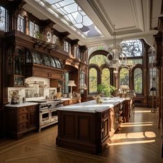 a large kitchen with wooden cabinets and marble counter tops, along with hardwood flooring