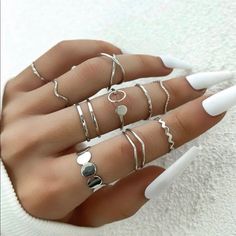 10 Piece Set Material: Alloy Multiple Sizes Midi Rings Silver, Ring Party Jewelry, Knuckle Ring, Finger Rings, Hand Jewelry, Fashion Ring, Girly Jewelry, Trendy Jewelry, Pretty Jewellery