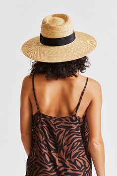 Women's Joanna Wide-Brim Straw Hat - Honey Flat Brim Woven Vacation Hat, Flat Brim Panama Hat With Upf 50+, Brixton Joanna Hat, Black Woven Brimmed Sun Hat, Eco-friendly Woven Straw Hat With Curved Brim, Wide Brim Straw Hat, Straw Fedora Hat, Wheat Straw, Straw Fedora