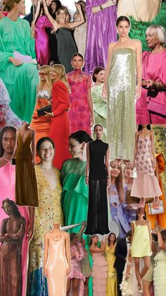 a collage of women in dresses and gowns, all wearing different colored outfits