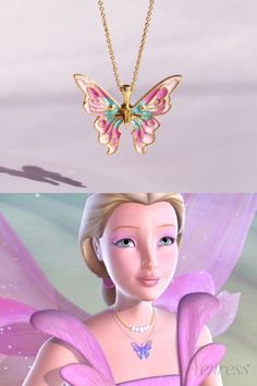 a necklace with a butterfly on it and a woman's face in the background