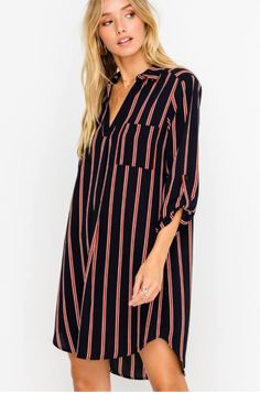 Navy and Rust Striped Dress - Roll Tab Sleeve Dress - Shirt Dress | Bohopink Navy Striped Shirt, Dress Bodice, Striped Tunic Dress, Boho Pink, Fitted Tunic, Boho Boutique, Accent Chest, Striped Tunic, Striped Shirt Dress