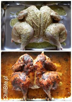 two different pictures of some food in a pan and one has chicken legs on it